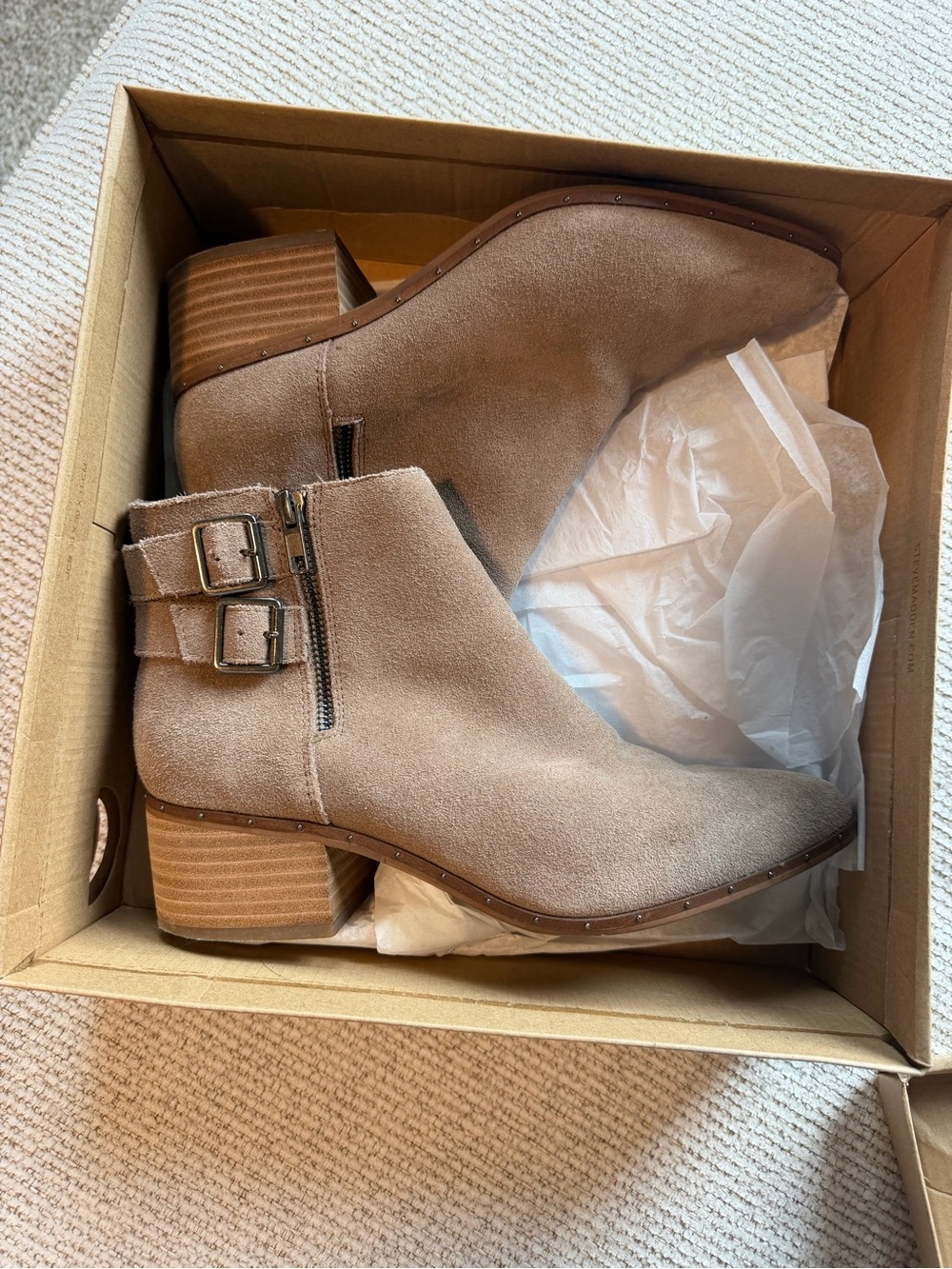 Taupe Suede Ankle Booties with Buckle Accents
